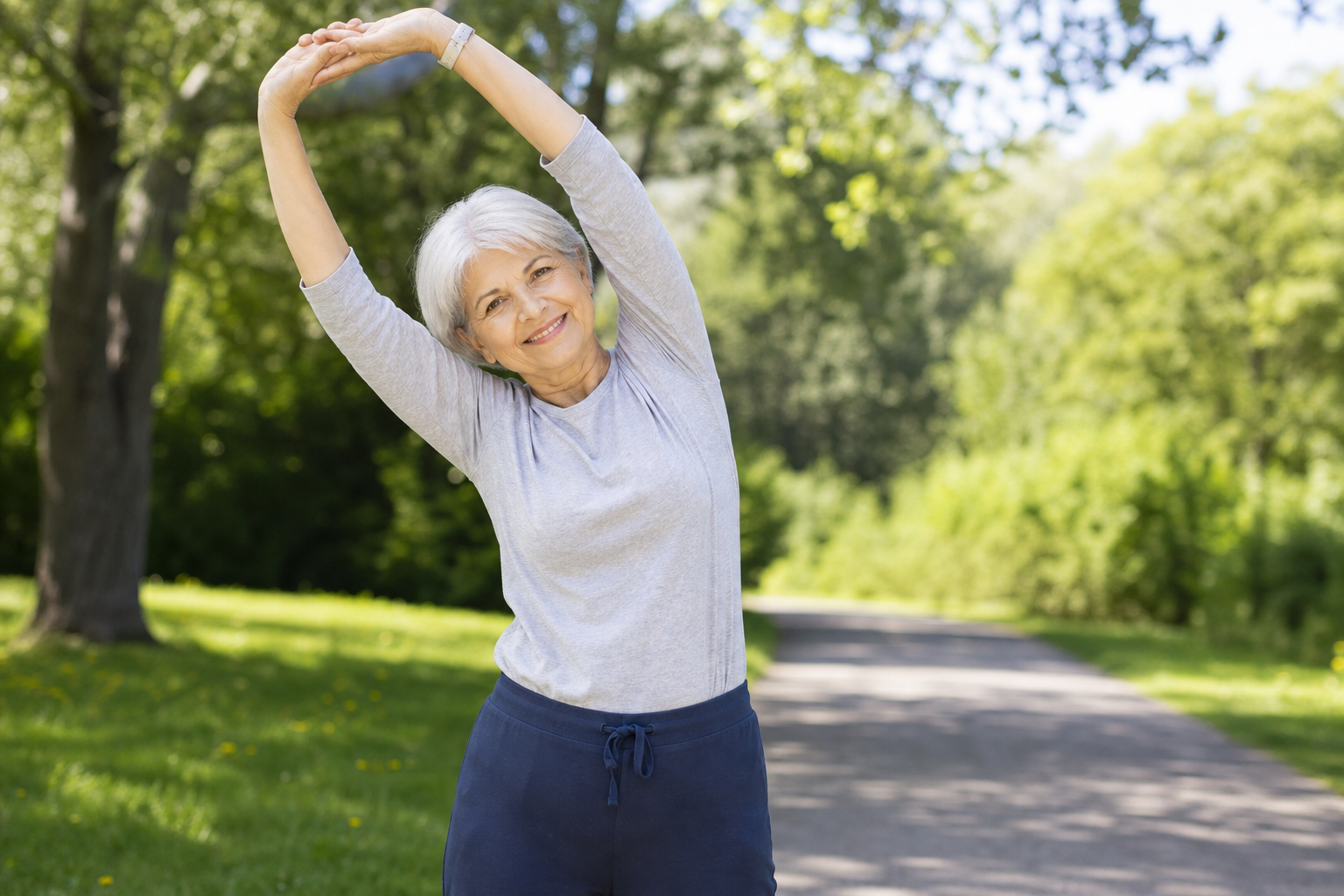Senior woman stretching outdoors