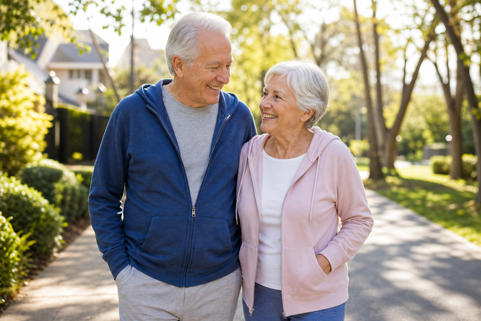 Two seniors walking together outdoors