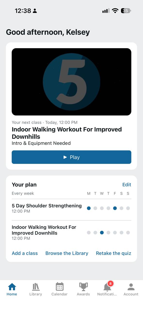 Better5 personalized Home screen showing your next class with a Play button, your weekly plan, and your streak