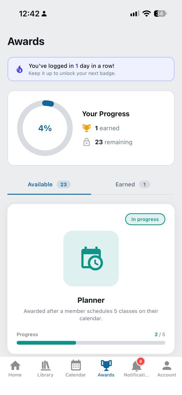 Better5 Awards screen showing your login streak, progress ring, and achievement badges like the Planner badge