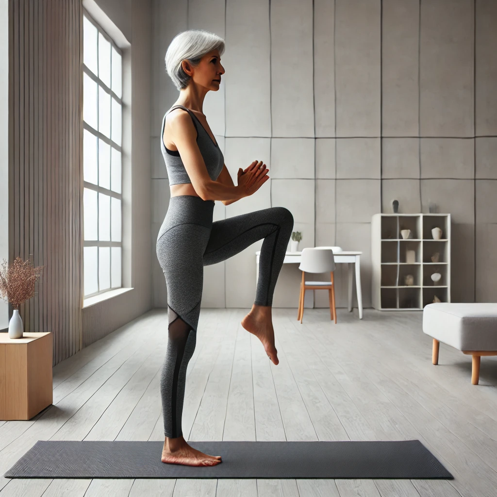 Senior practicing a single-leg stand exercise on a fitness mat, emphasizing posture and balance as part of the 10 exercises to prevent falls.