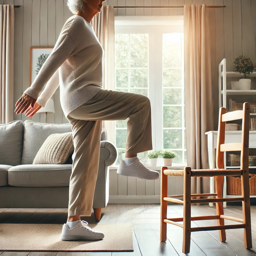 Senior performing a standing march exercise, demonstrating one of the 10 exercises to prevent falls.
