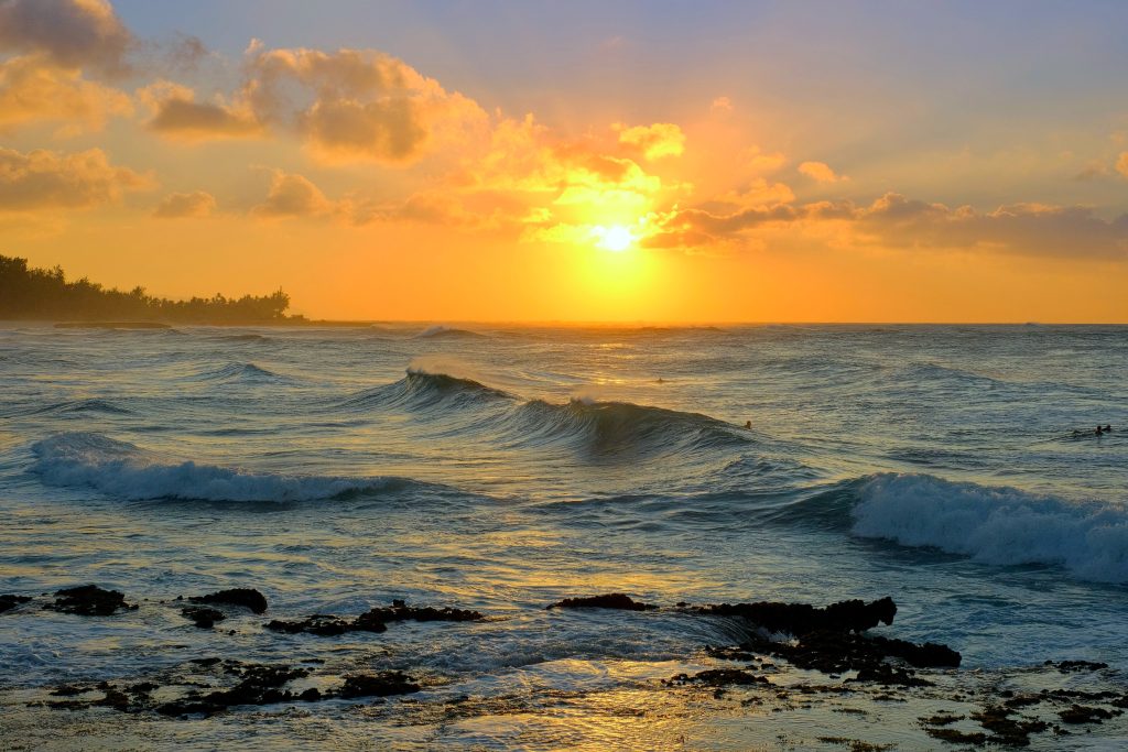 Golden sunset on rolling waves in Turtle Bay