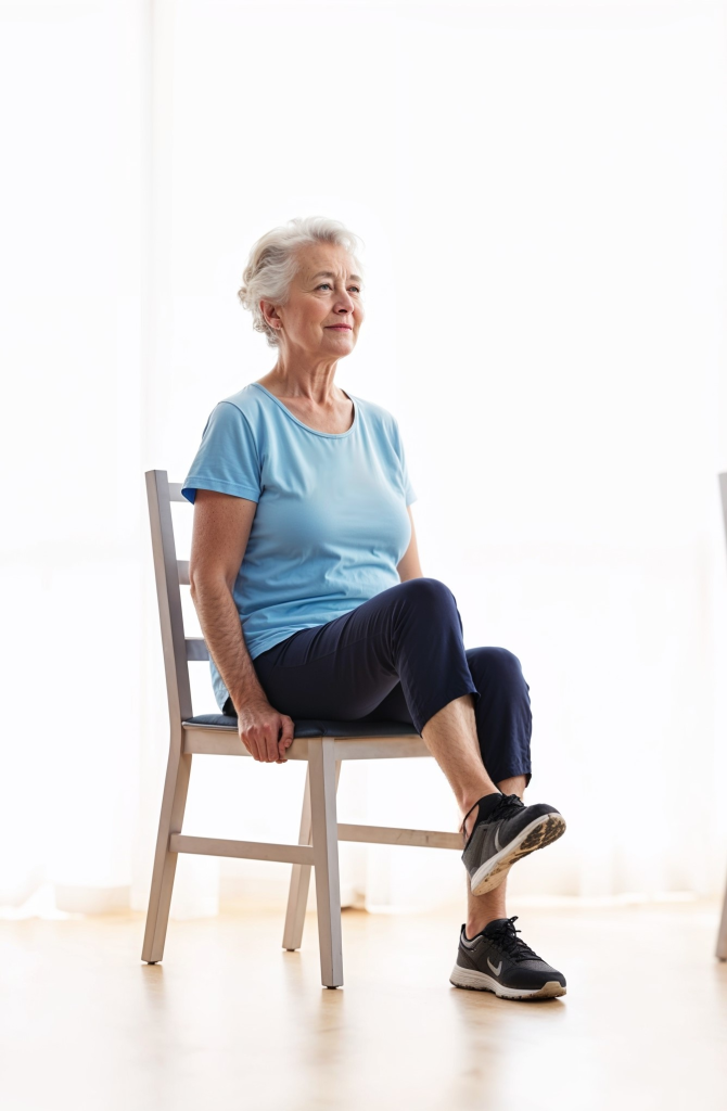 A woman lifts her knees high as she performs one of the chair-based leg exercises for seniors
