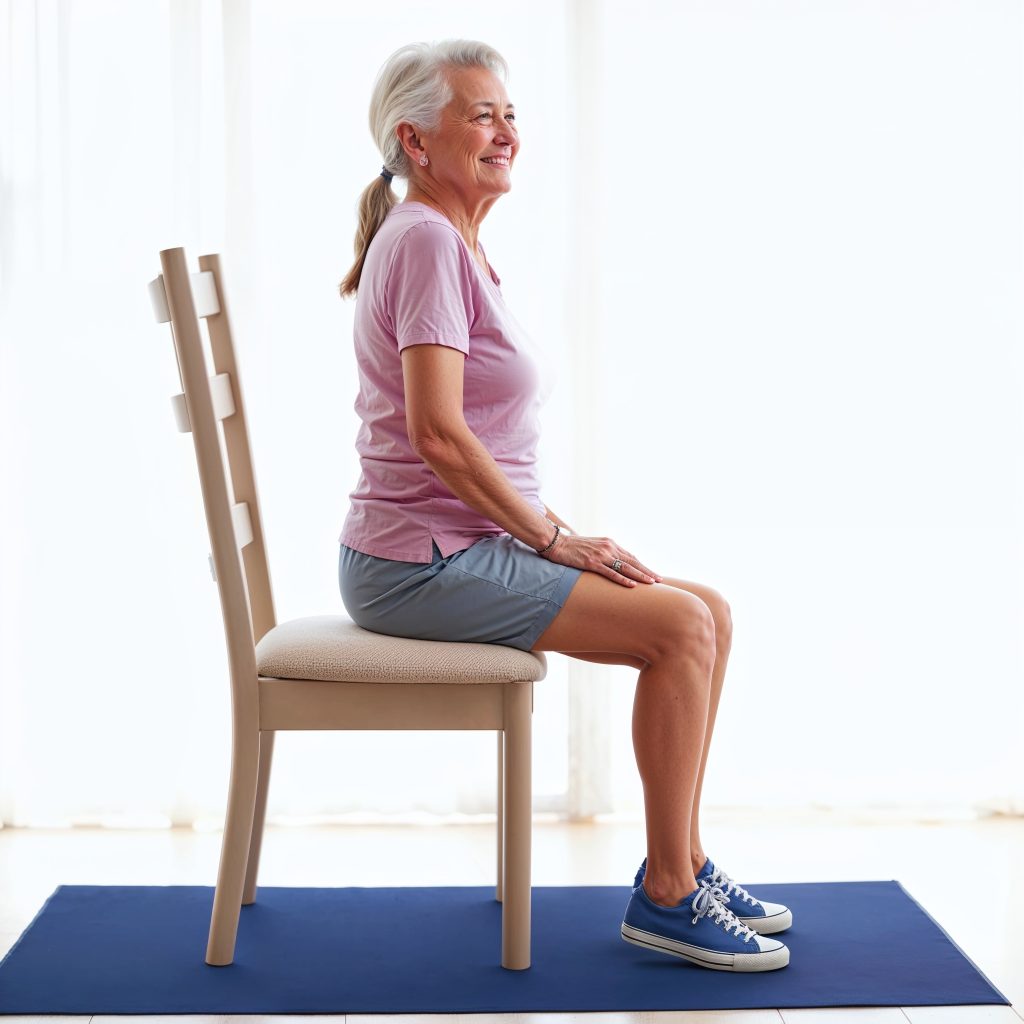 A senior woman performs seated calf raises, one of the most gentle leg exercises for seniors. 