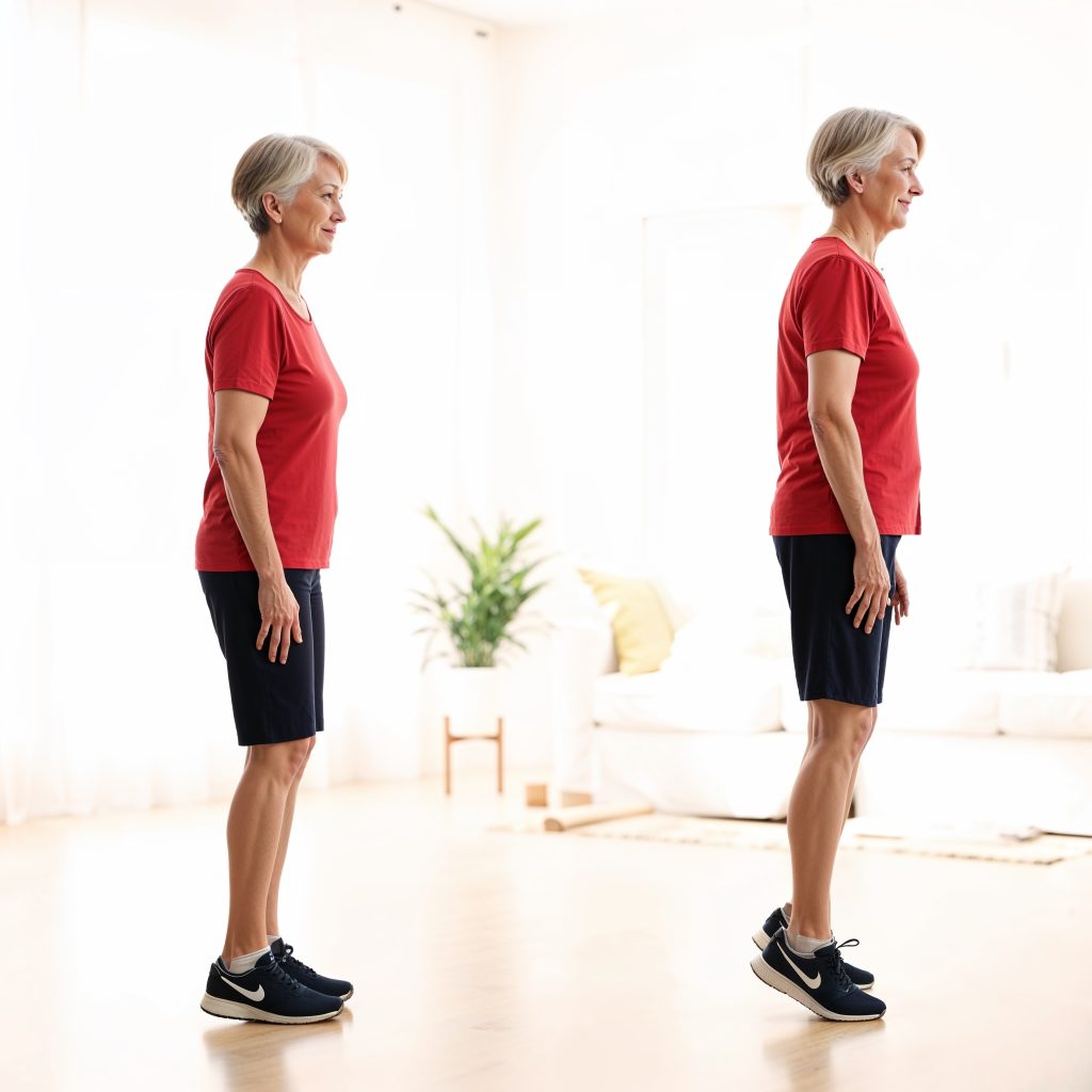 A senior woman demonstrates toe stands, a simple leg exercise for seniors, by rising onto her toes in a bright living room.