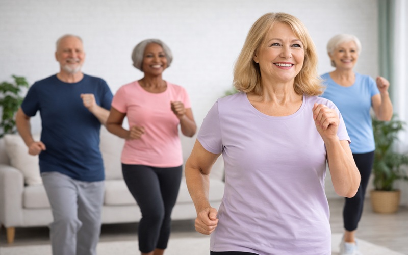group of older adults doing a gentle fitness class together indoors