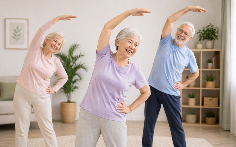 senior adults enjoying group exercises together at home