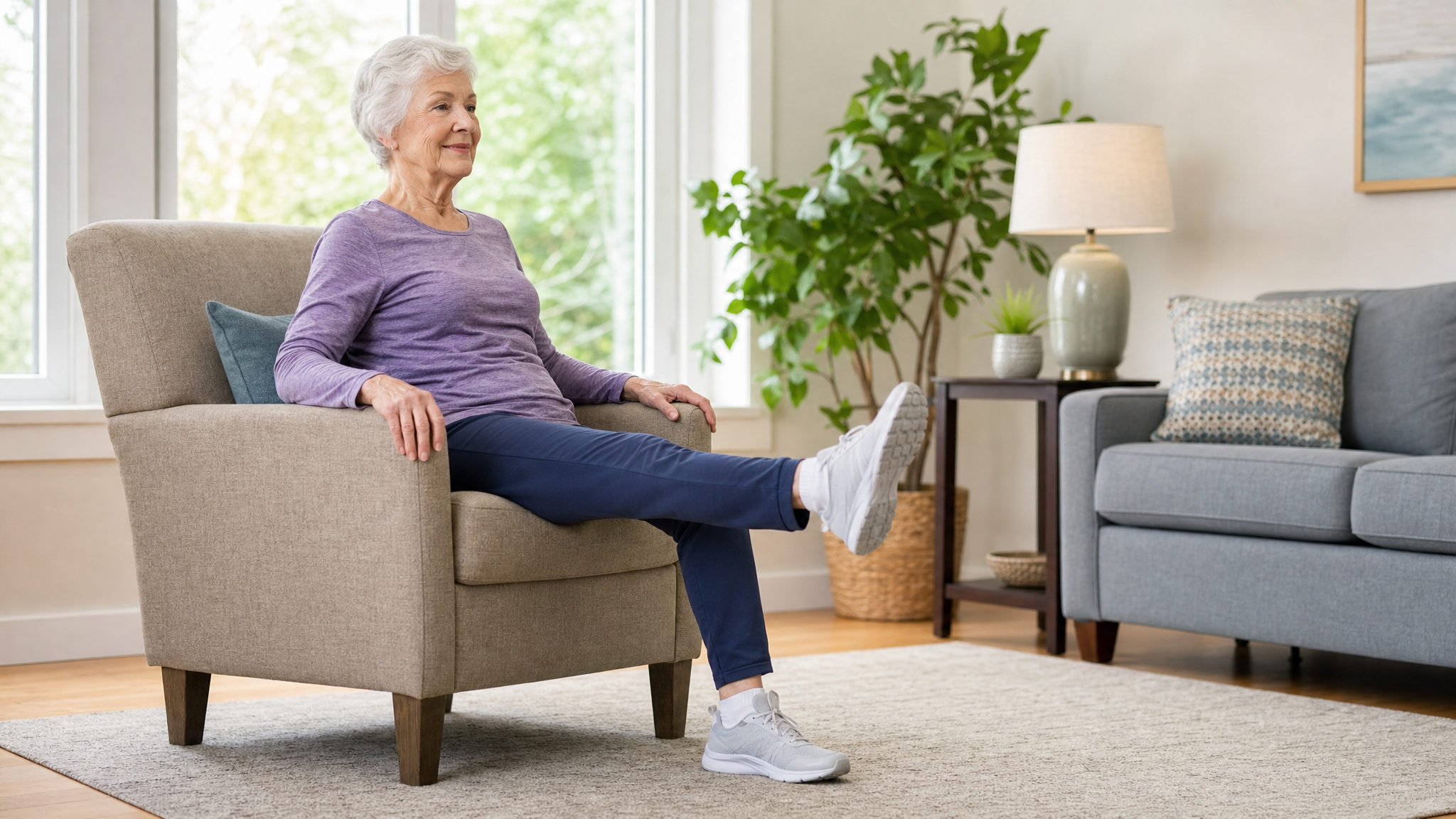 Instructor demonstrating a seated ankle and leg exercise using an exercise band for strength and mobility