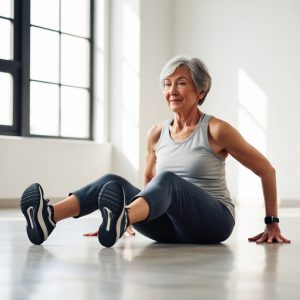 An elderly woman sits on the floor, getting ready to perform one of the best arm exercises for seniors—floor dips!
