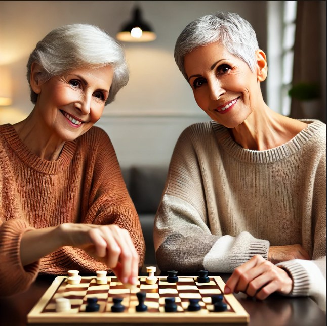 Two elderly women smiling and playing checkers, which is one of the easiest memory games for seniors.