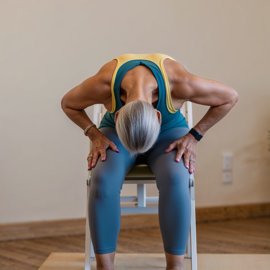 Image of an elderly lady bending forward as she performs a Chair Pilates routine