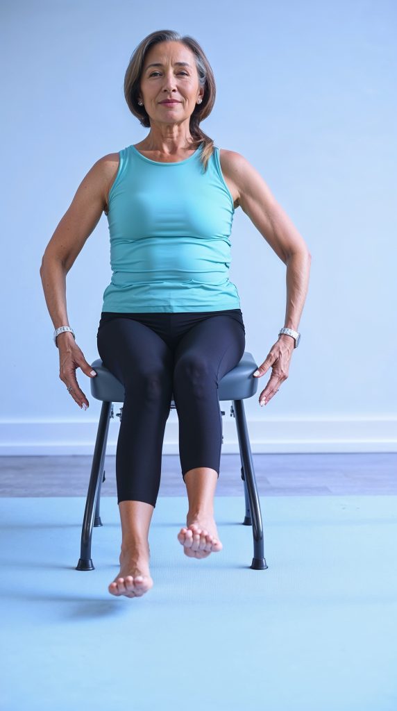 A senior woman performing a seated flutter kick exercise as part of a chair Pilates workout. 