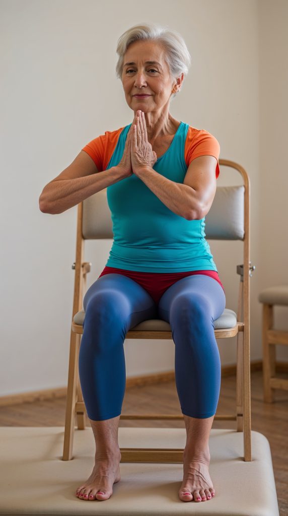 Elderly woman twists to her side with her palms together while performing a seated Pilates exercise