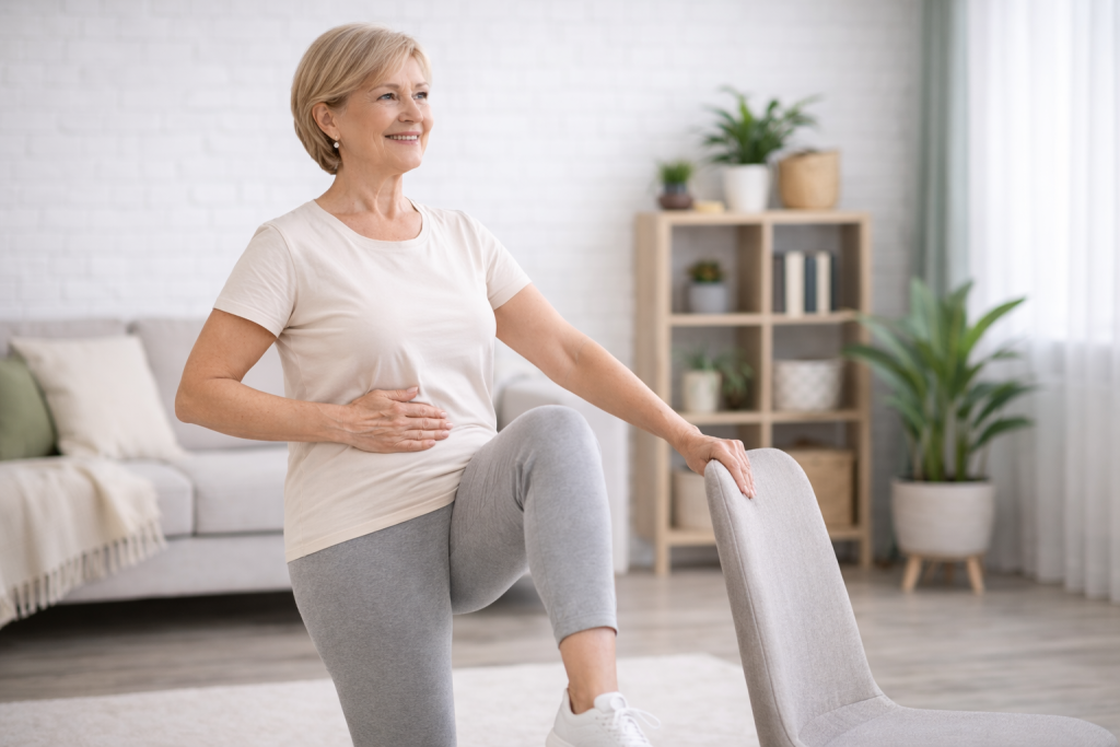 Senior woman doing a standing core exercise at home, lifting one knee while holding a chair for balance
