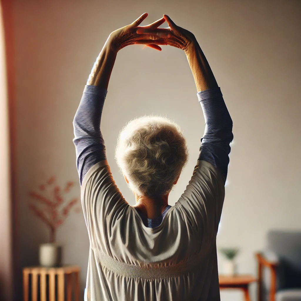 Elderly woman performing an overhead reach stretch in a morning stretch routine for seniors.