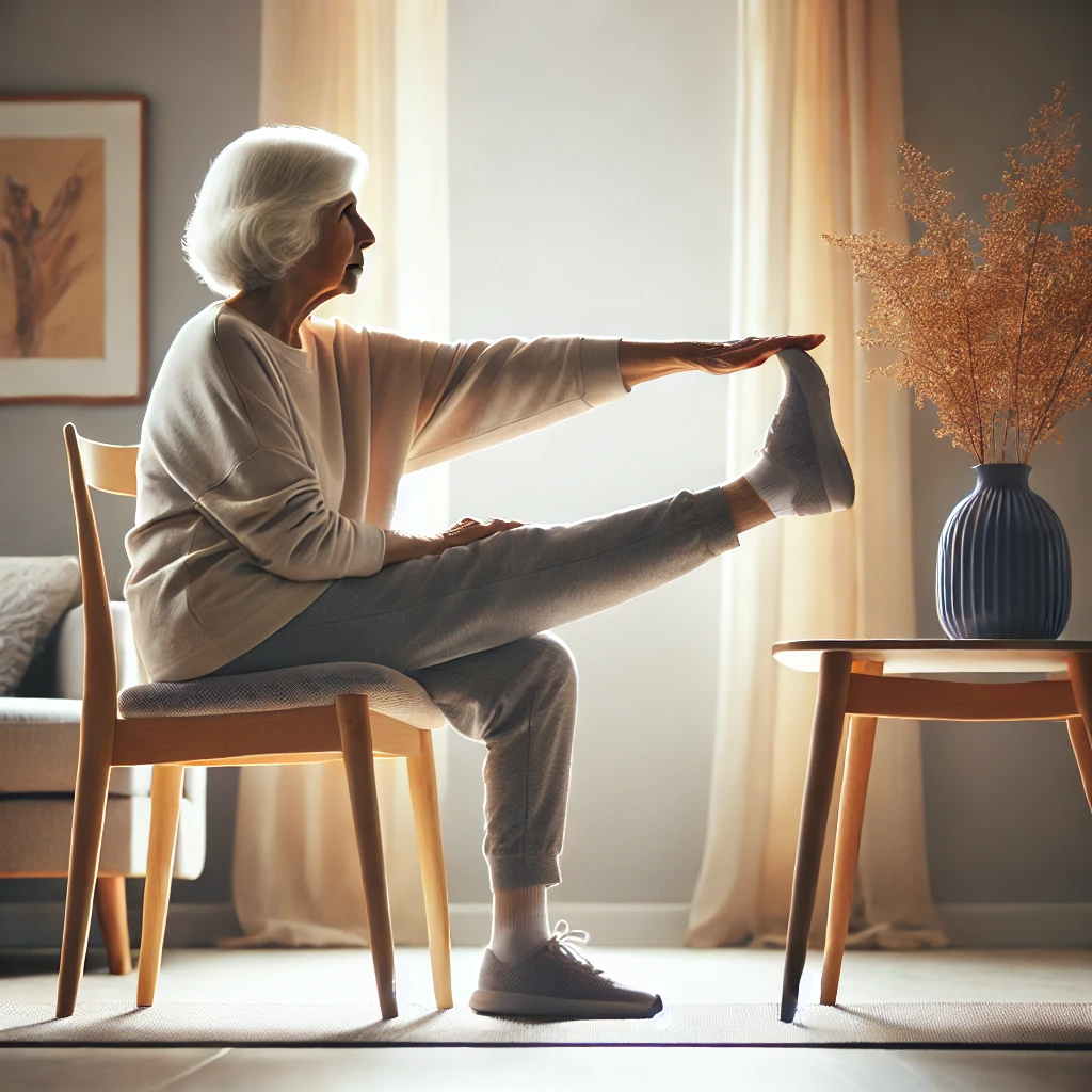 Elderly woman performing a seated hamstring stretch as part of a morning stretch routine for seniors.
