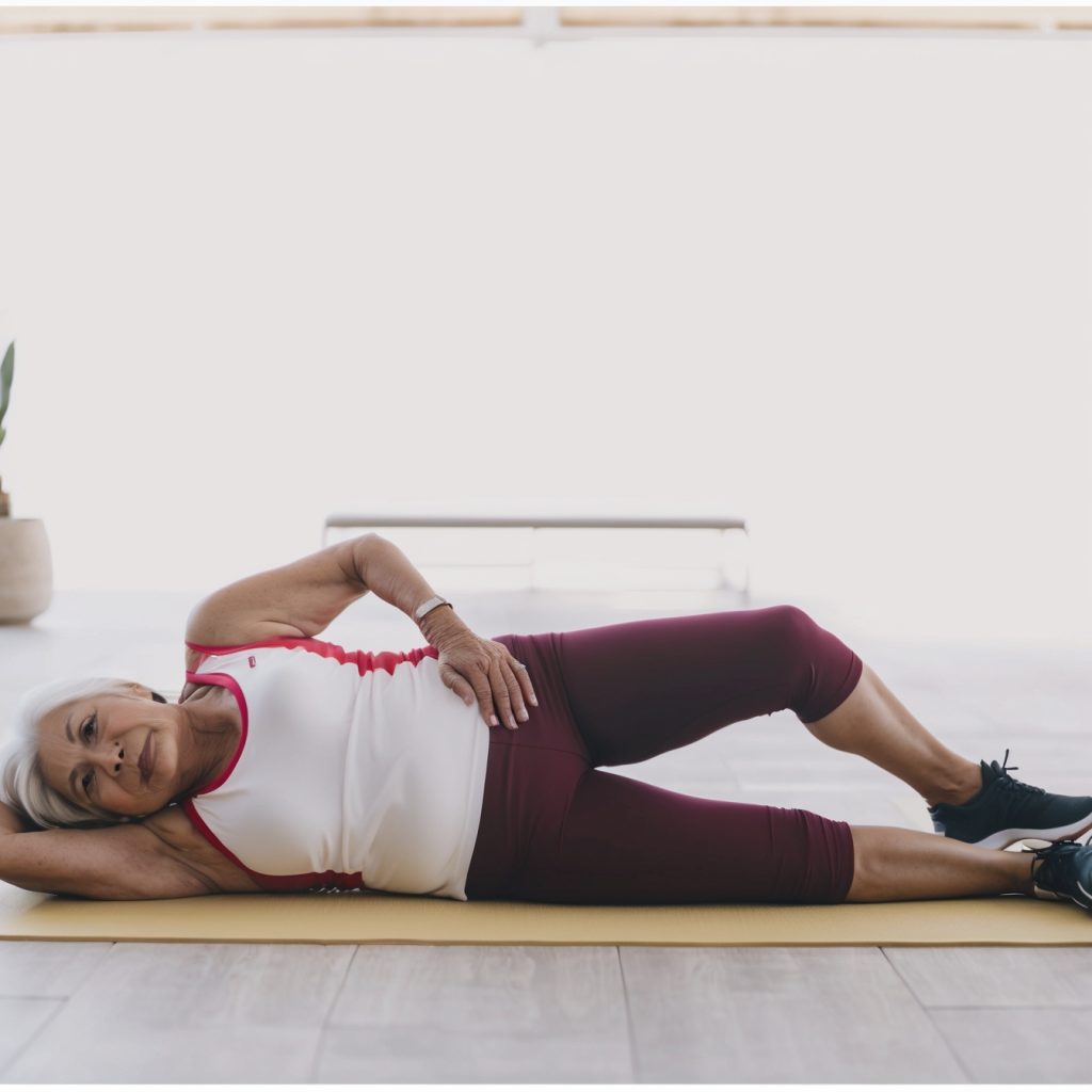 An older woman performing clamshells on a yoga mat, an effective exercise for osteoporosis of the hip