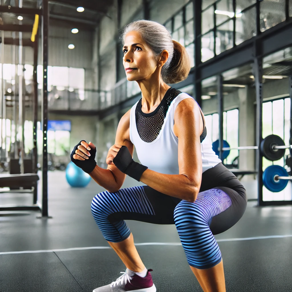 An elderly woman holds the squat position as part of the exercises for osteoporosis of the hip