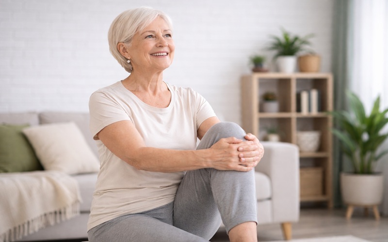 senior woman doing gentle joint exercises at home