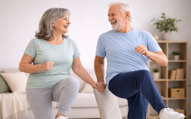 senior couple having fun exercising together at home