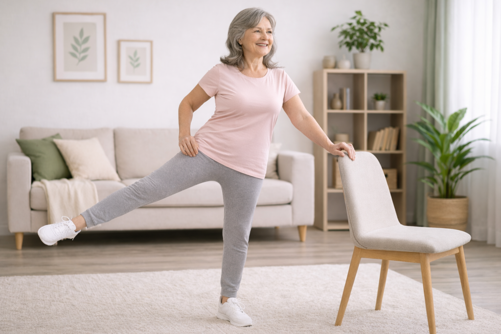 senior woman doing hip exercises at home