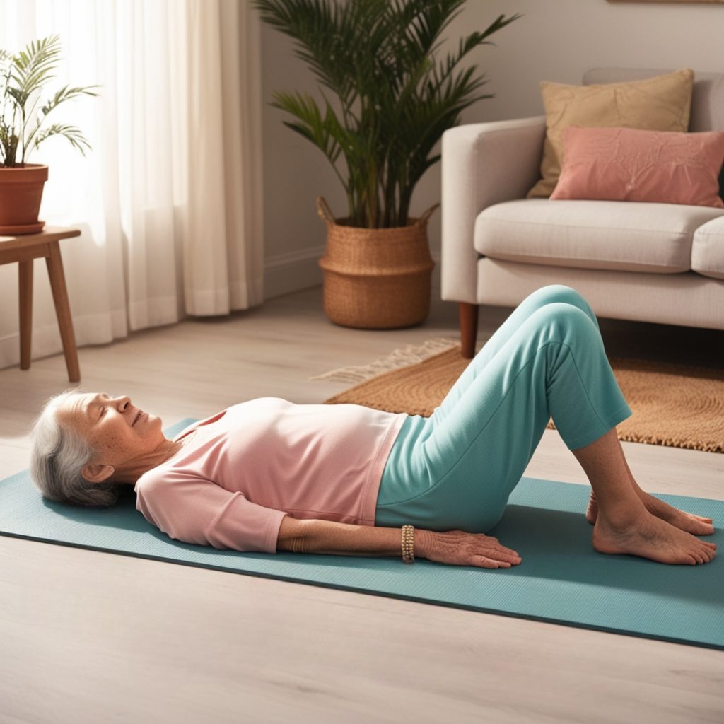 An elderly woman practices pelvic floor therapy at home on a yoga mat.