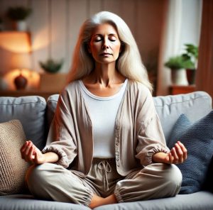 Senior woman practicing deep breathing and meditation to relieve stress and manage menopause and water retention.