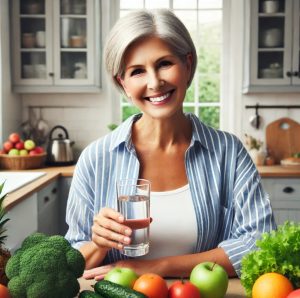 Senior woman staying hydrated while maintaining a balanced diet for managing menopause and water retention.