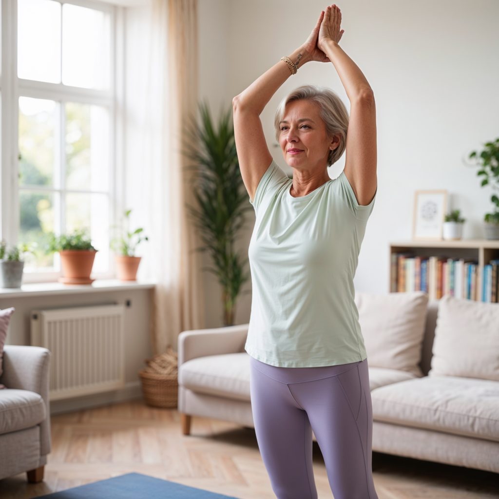 An older lady performing light stretches, which can be a useful part of knowing how to structure your day in retirement