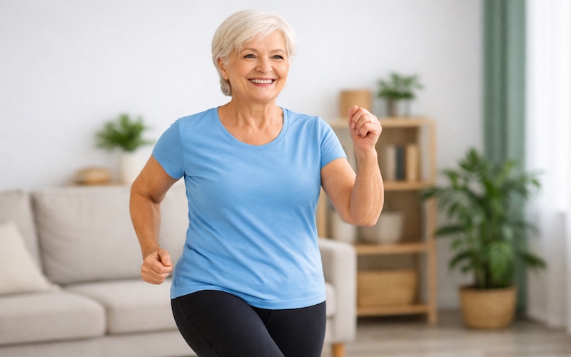Senior woman smiling while doing a low-impact indoor walking workout at home