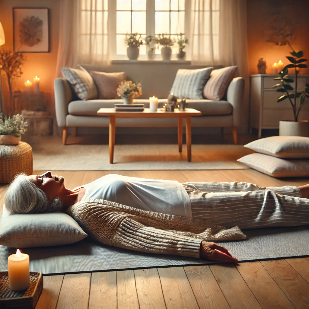 Senior woman practicing body scan meditation to improve sleep for seniors while lying comfortably on a mat.