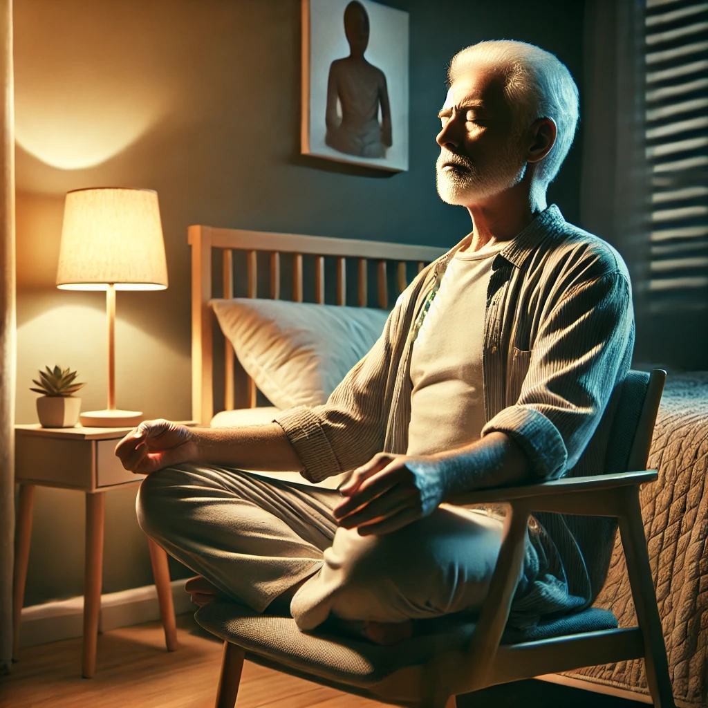 Senior man practicing body scan meditation to improve sleep for seniors while sitting comfortably in a chair.