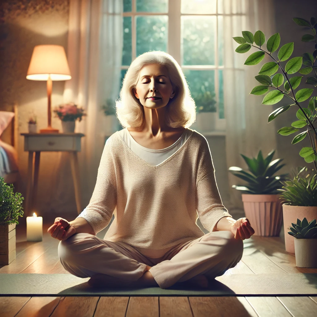 Senior woman practicing deep breathing meditation to improve sleep for seniors.