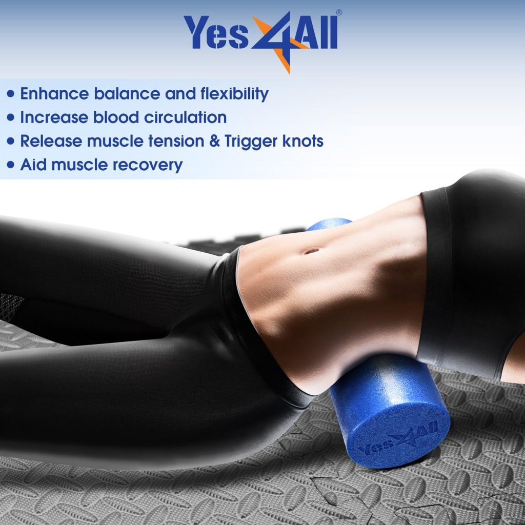 A close-up image of a blue foam roller, one of the must-have equipment for at-home senior workouts, in use