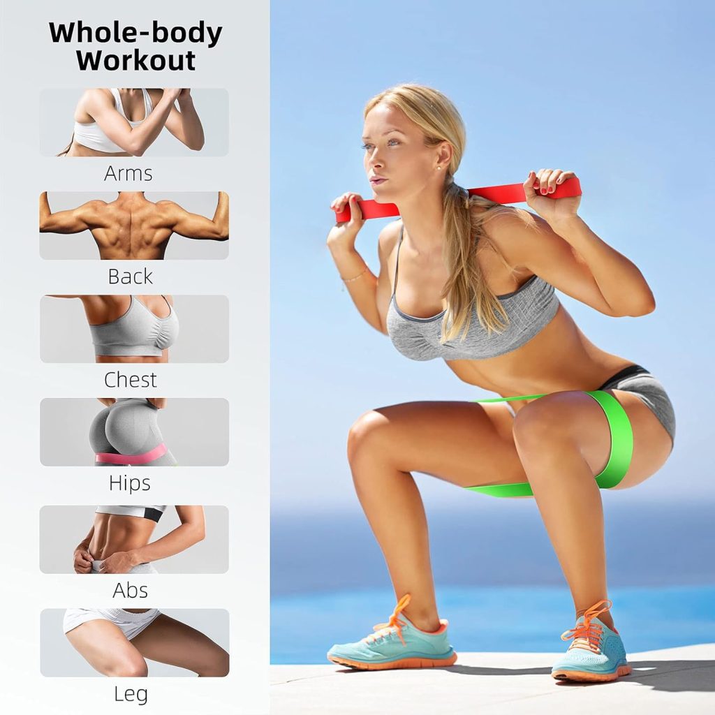 A woman squatting with a green loop resistance band and a red flat band