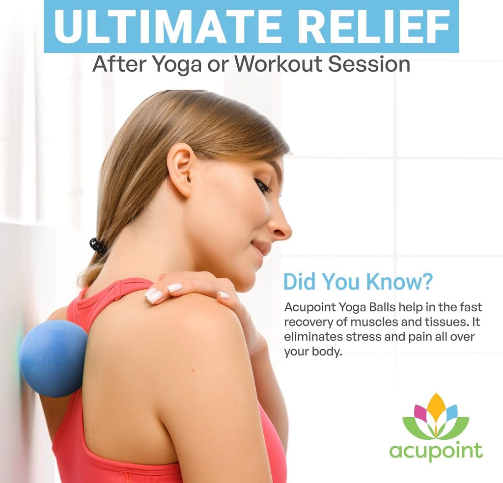 Lady uses blue massage ball on her back