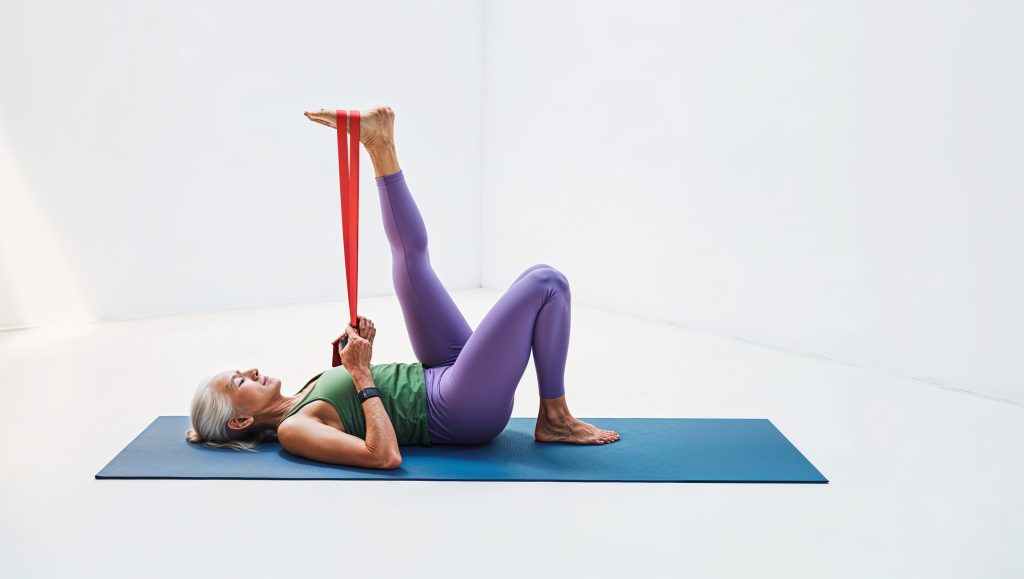 Older woman performs a hamstring stretch with a strap, a gentler substitute to some other osteoporosis exercises to avoid