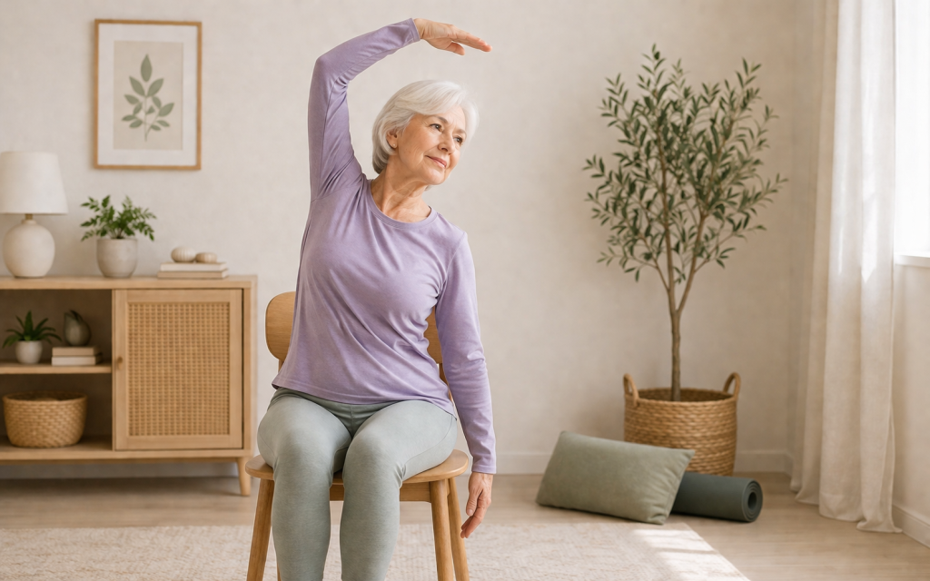older adult practicing gentle chair yoga at home for flexibility and balance