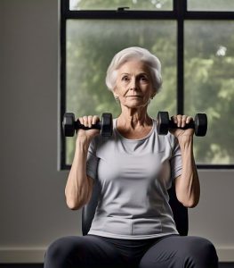 A senior woman performs a seated dumbbell press, pushing two dumbbells upward while maintaining good posture.