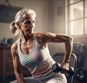 Elderly lady performs tricep kickbacks as part of her seated arm exercises for seniors routine