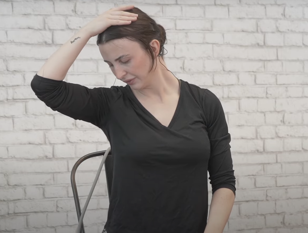Seated Resistance Band Exercise - anterior deltoid stretch 2 - position 4