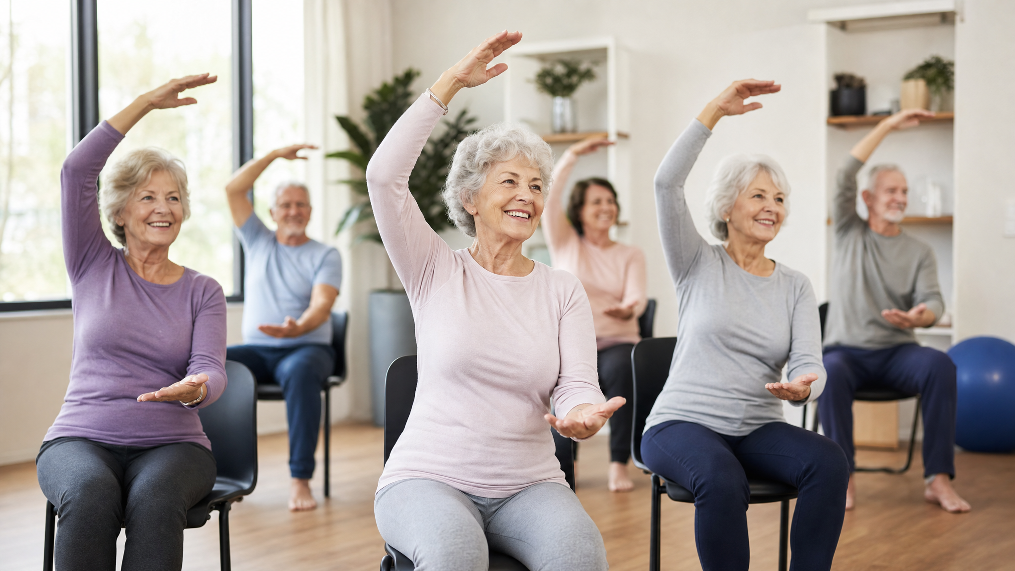 Instructor performing a chair Pilates exercise for older adults to improve mobility, strength, balance, and stability