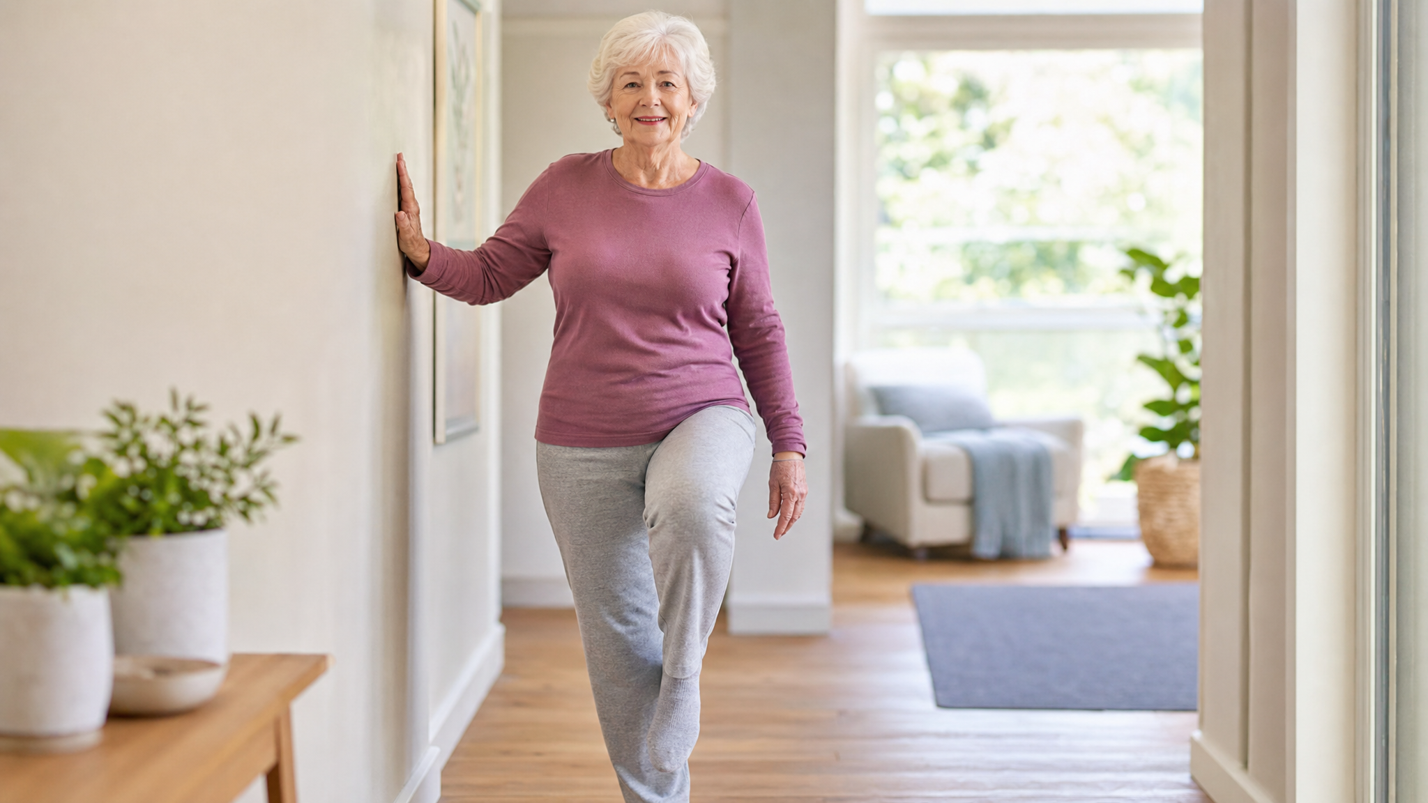 Instructor demonstrating chair-assisted fall prevention exercise for older adults at home to improve balance, stability, and prevent falls