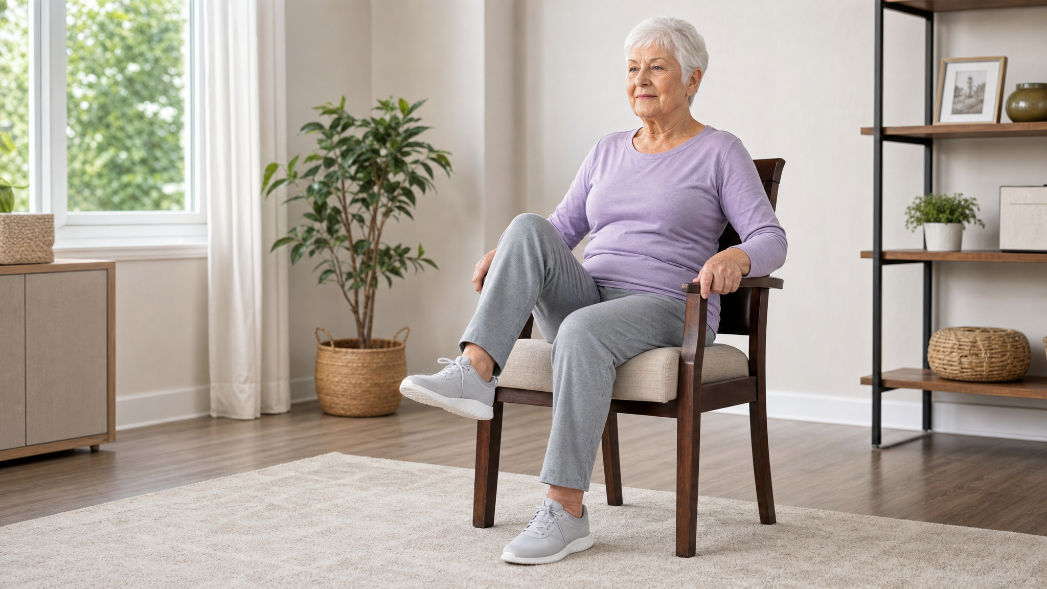 Instructor demonstrating a seated chair exercise for seniors to support knee strength, mobility, and stability in an at-home fitness program