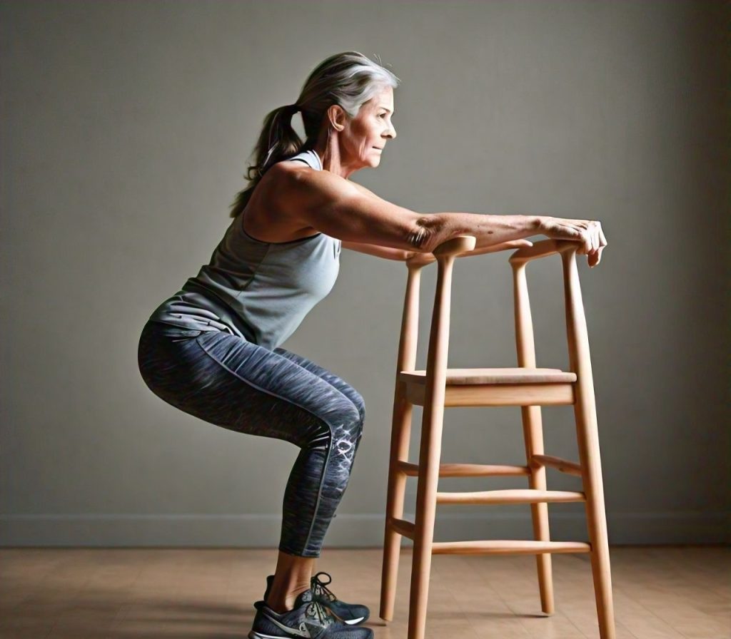 Woman performing chair-assisted squats, a great glute exercise for seniors.