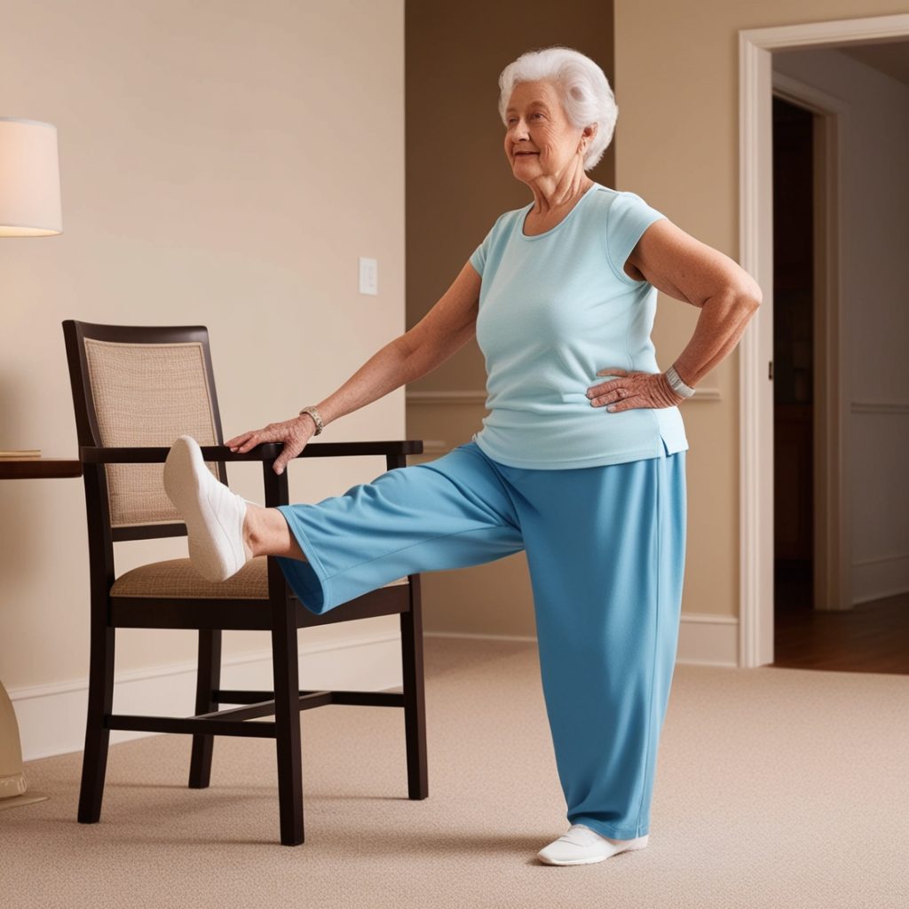 Woman performs a standing hip abduction exercise using a chair for support.