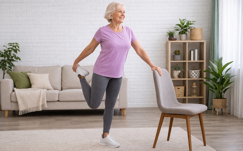 senior woman doing stretching exercises at home