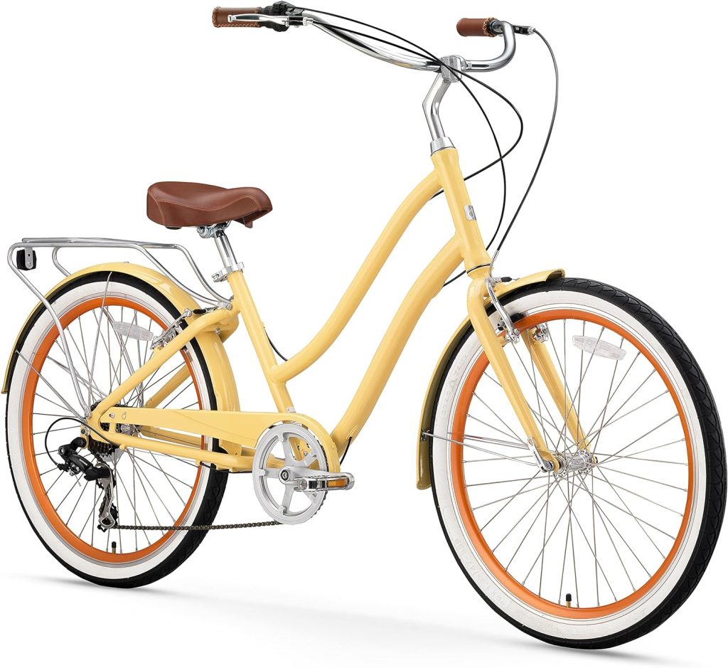 The Sixthreezero yellow bicycle with orange accents and a rear rack