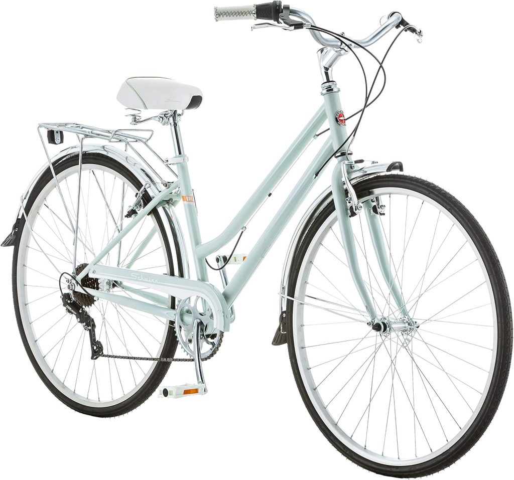 The Schwinn Wayfarer, in light blue with chrome accents, is one of the best bikes for seniors, offering both style and comfort.